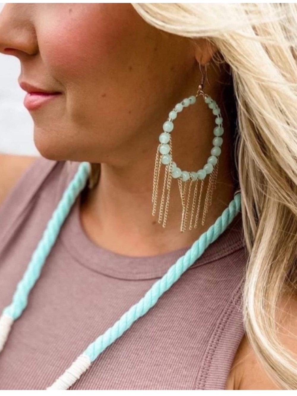 Plunder Gold & Mint Beaded Hoop Earrings NWT - Picture 3 of 7